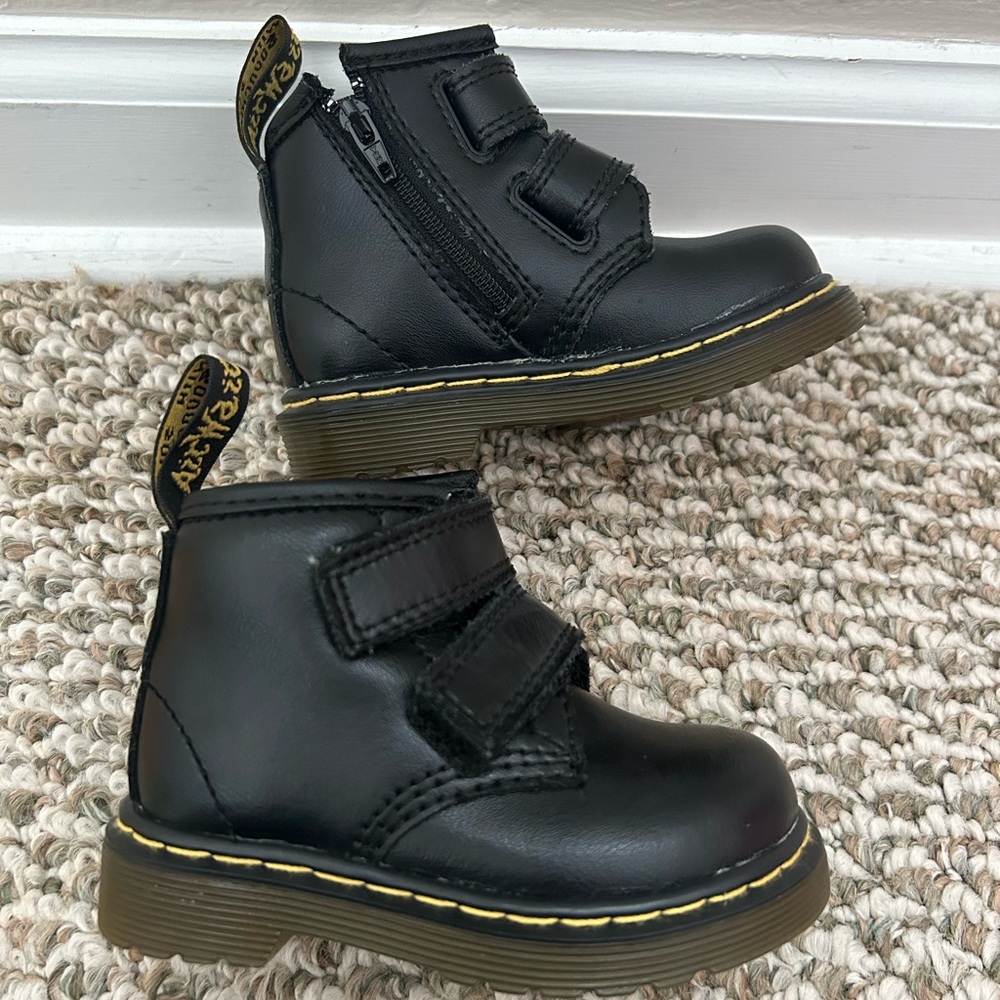 Dr. Martens Black Kids Boots with Yellow Stitching